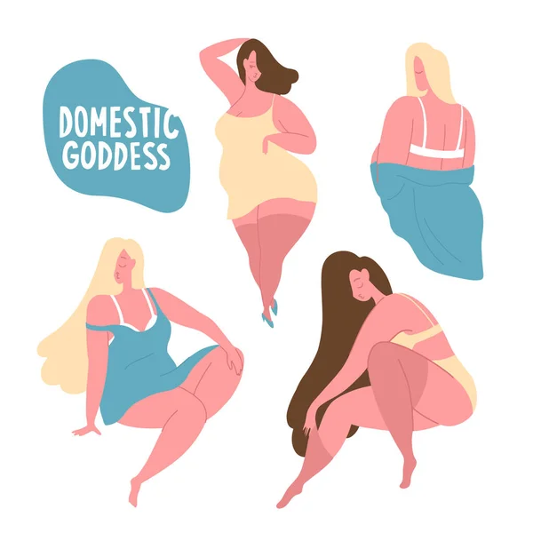 Set Confident Poses Romantic Girls Domestic Goddesses Underwear Home Clothes — Stock Vector