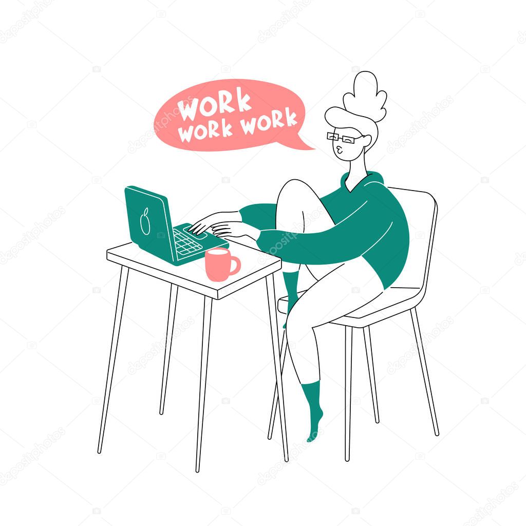 A young girl freelancer works comfortably at home at a laptop and drinks coffee. Flat bright vector illustration, minimal style. Hand drawn design element