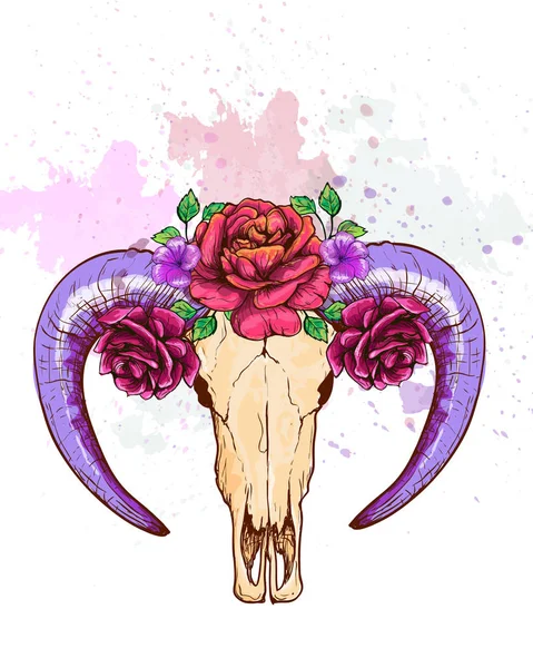 Calavera de un carnero en flores — Vector de stock