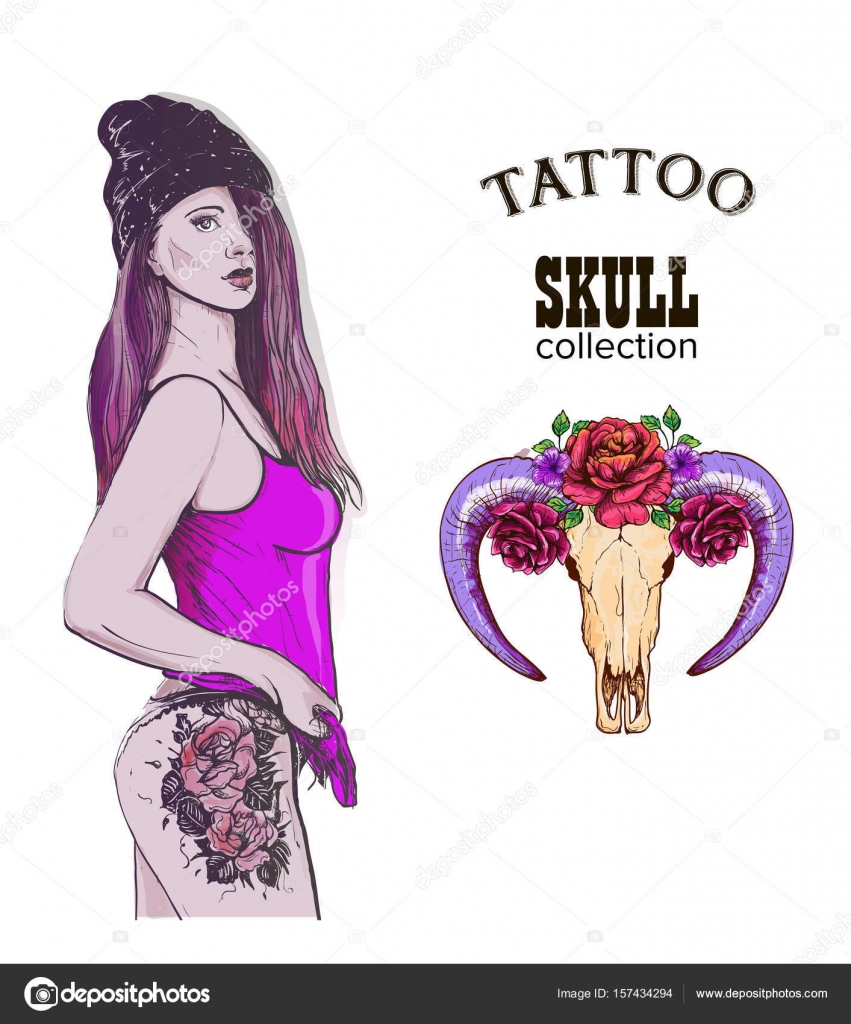 Stilizzato dell acquerello colorato capelli tatuaggio Illustrazione vettoriale colore luminoso mano disegnata annata illustrazione In Boho Hipster e