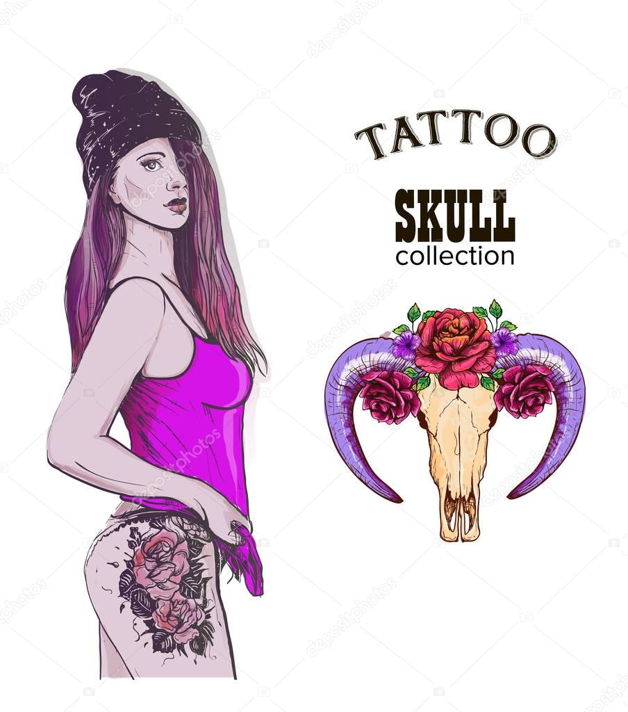 Rap swag girl tatto skull
