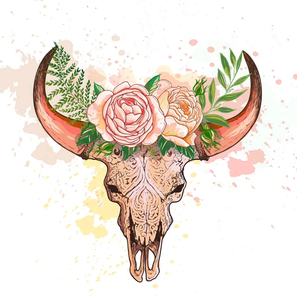 Teschio di mucca con corna, decorato con fiori — Vettoriale Stock