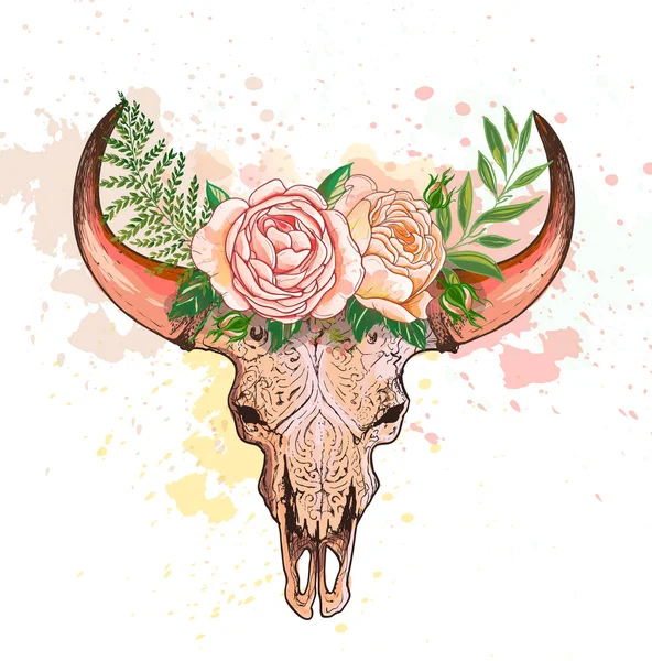 Cráneo de una vaca con cuernos, decorado con flores — Vector de stock