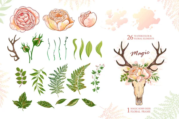 Grinalda mágica com chifres de veado e rosas, elementos verdes para design —  Vetores de Stock