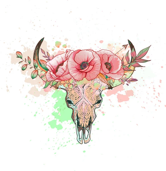 Vintage Vektor Vzor Bezešvé Lebkami Kráva Květinové Prvky Růže Siluety — Stockový vektor