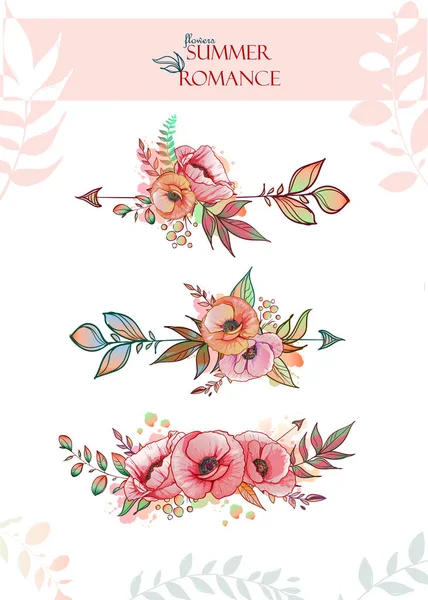 Ensemble Flèches Florales Dessinées Main Avec Des Feuilles Des Fleurs — Image vectorielle