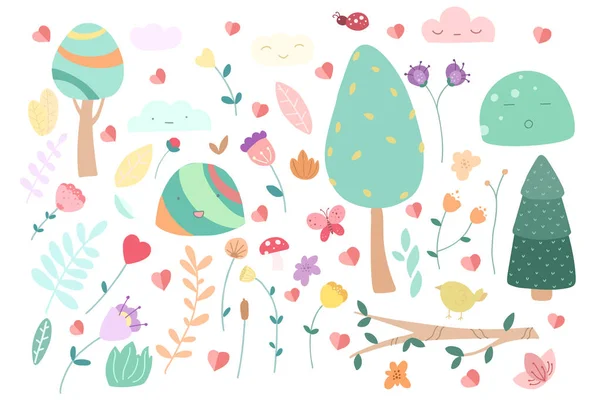 Conjunto vectorial de elementos florales de garabato. Colección de otoño. Diseño gráfico de flores. Hierbas, bayas y flores silvestres. Juego de botánica vectorial dibujado a mano. Decoración estacional otoño moderno — Vector de stock