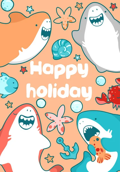 Kawai sharks are smiling, bright marine illustrations, Japanese style. Colorful childrens postcard. — Stock Photo, Image