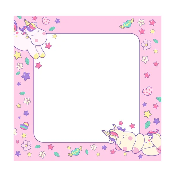 Schattige eenhoorns en verschillende magische elementen en roze pastel achtergrond ontwerp — Stockfoto