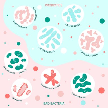 Bad bacteria and probiotics flat vector icons set clipart