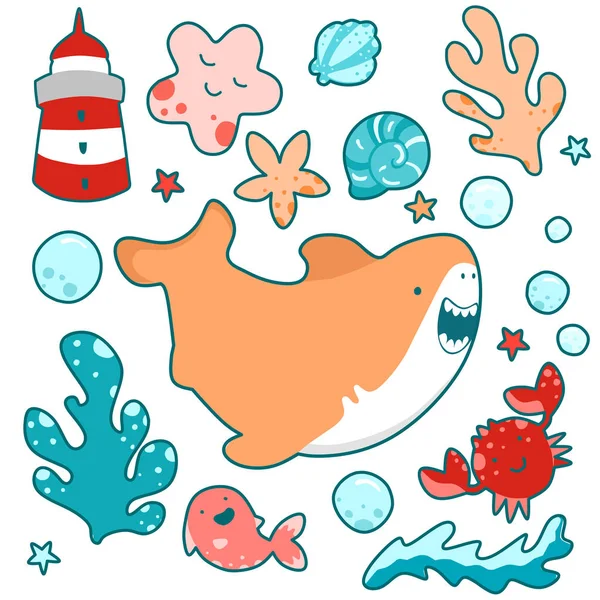 Cute shark swims amicably among sea plants and animals, funny kawai illustration