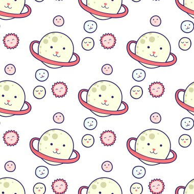 Kawaii alanı seamless modeli. Karalamalar çok yüz ifadesi ile. Resimde çizgi film dünya, ay ve göksel cisimlerin.