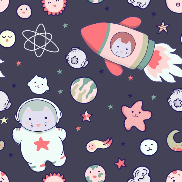 Japanese kawaii cat travels in space seamless pattern. funny animals clip art.