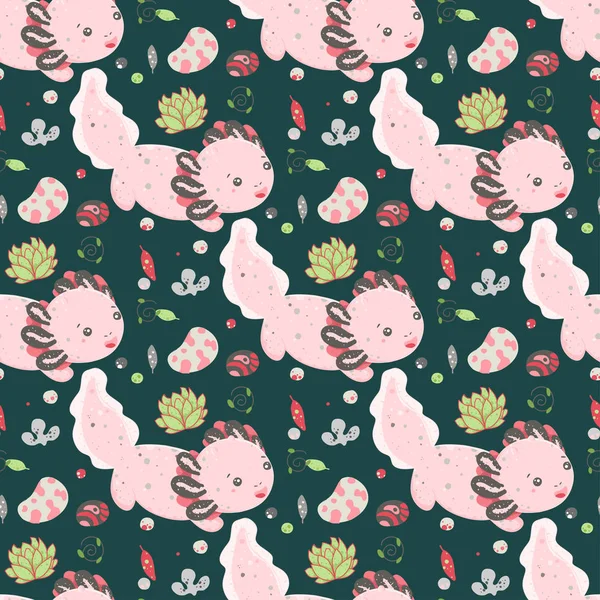 Cute Kawaii axolotl, baby amphibian drawing. Cute animal drawing, funny cartoon illustration. Floral seamless pattern with elements of flora, leaves, twigs, berries, stones — Stock Photo, Image