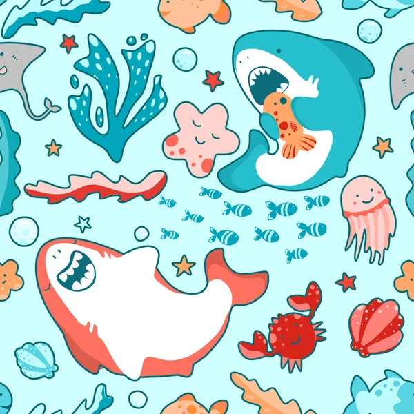 Cute marine seamless pattern with kawaii sharks, animals and algae, underwater world — Stock Photo, Image