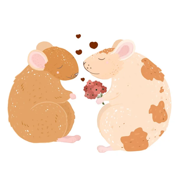 Adoráveis ratos apaixonados. Encontro. buquê de flores . — Fotografia de Stock