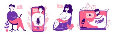 Podcast ve auobooks taraftar düz vektör çizimleri ayarlandı