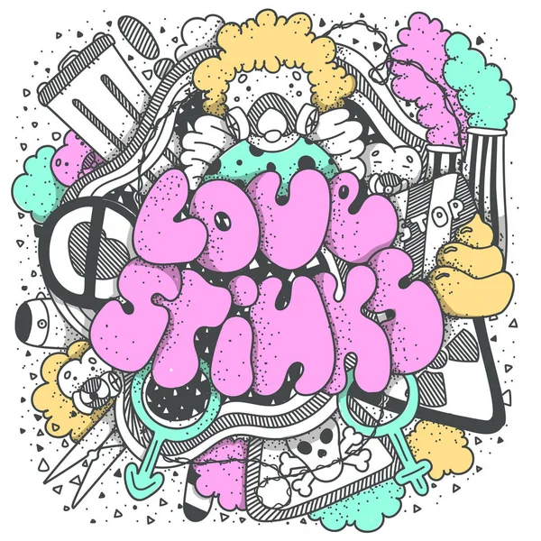 Love stinks text lettering. Drawn art sign. Sarcastic valentine card design. — Stock Vector