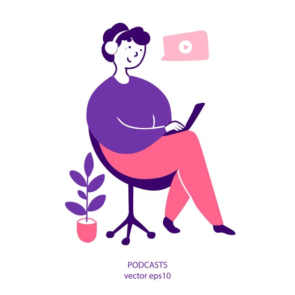 Jovem desfrutando de podcast ilustração vetorial plana —  Vetores de Stock