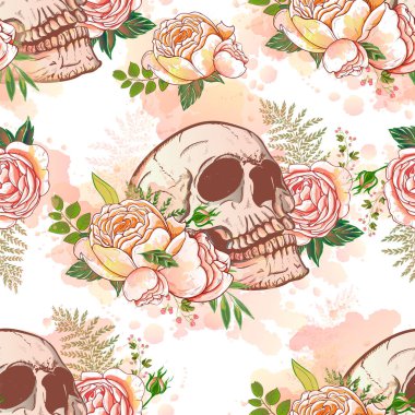 Vintage skull in roses, seamless pattern.