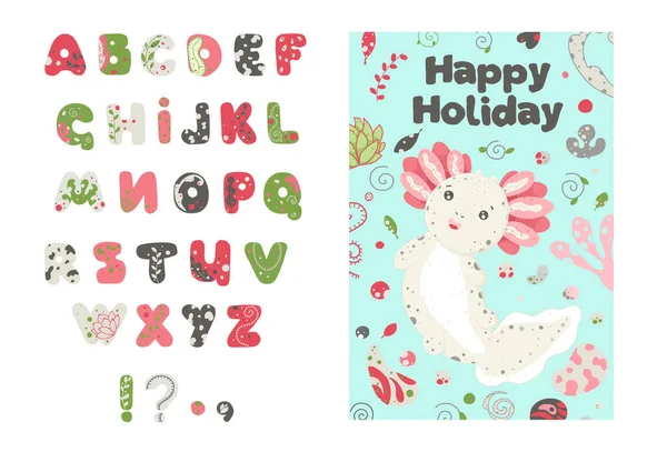 Lindo verano Kawaii axolotl, dibujo de anfibios bebé. Feliz tarjeta de felicitación navideña con lagarto. Diseño de estilo plano. Ambystoma mexicanum —  Fotos de Stock