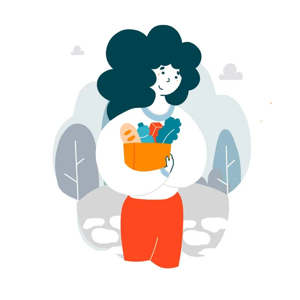 Woman holding paper bag with food products flat vector illustration — Stok Vektör