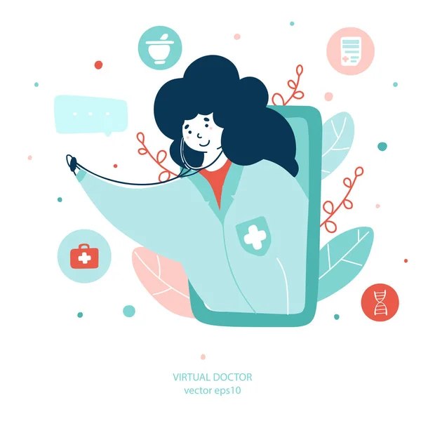 Médico virtual, servicios médicos en línea ilustración vectorial plana — Vector de stock