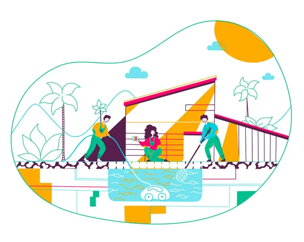Ομάδα ανθρώπων καθαρισμού πισίνα επίπεδη διανυσματική απεικόνιση — Διανυσματικό Αρχείο