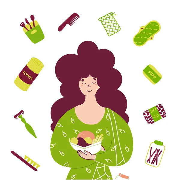 Chica con productos ecológicos ilustración vector plano — Vector de stock