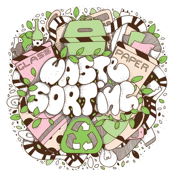 Waste sorting doodle style vector lettering illustration — Stok Vektör