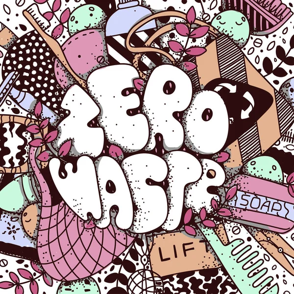 Zero resíduos lettering doodle estilo vetor ilustração — Vetor de Stock