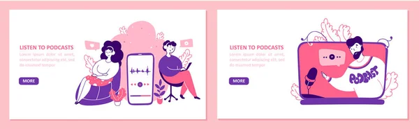 Listening to podcasts flat vector landing page templates set — Stock vektor