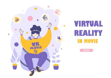 Virtual reality movie. A man watches movie with 3D glasses vector landing page template