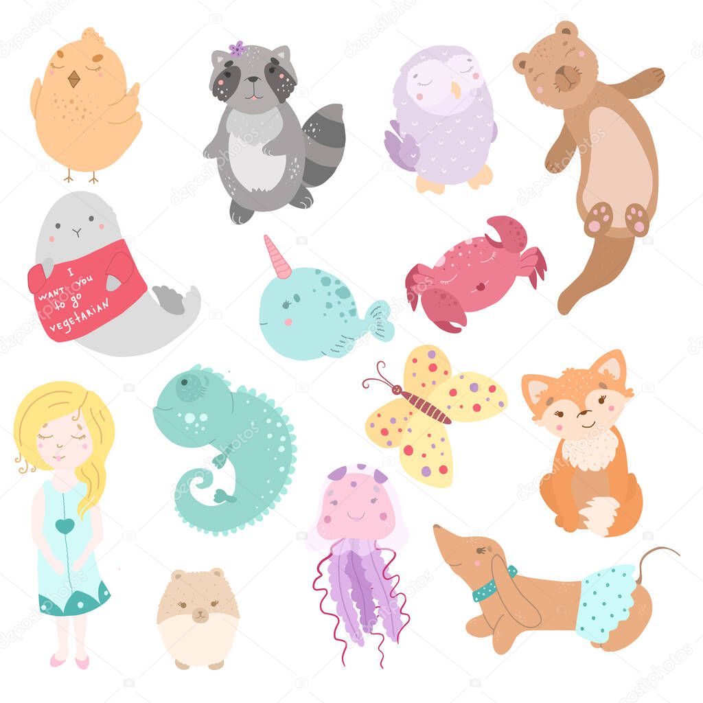 Cute funny kawaii animals. Flat style illustration