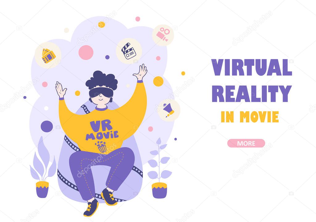 Virtual reality movie. A man watches movie with 3D glasses vector landing page template