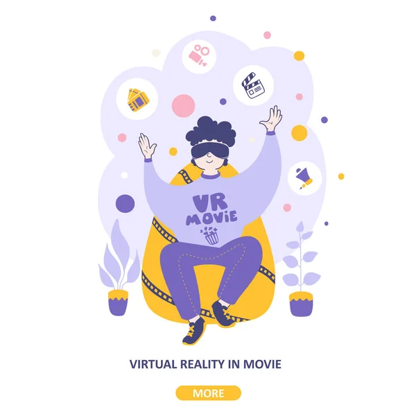 Filme de realidade virtual. Um homem assiste filme com óculos 3D modelo de página de destino vetorial —  Vetores de Stock
