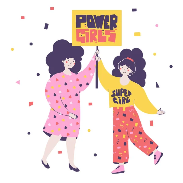 Gadis-gadis muda memegang banner Power gadis, mendukung satu sama lain, bersatu dalam perjuangan untuk hak - Stok Vektor