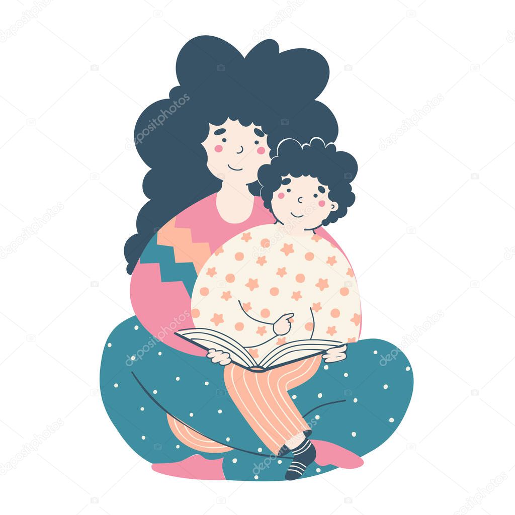 Mom baby learning read book modern flat vector illustration. Flat cartoon vector character. Family play Children book illustration.