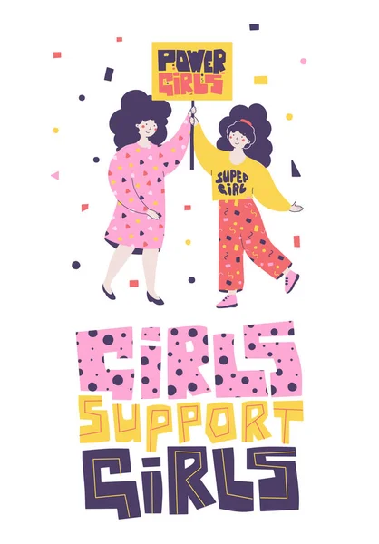 Chicas jóvenes sostienen pancarta Chicas poderosas, apoyarse mutuamente, unirse en la lucha por los derechos — Vector de stock