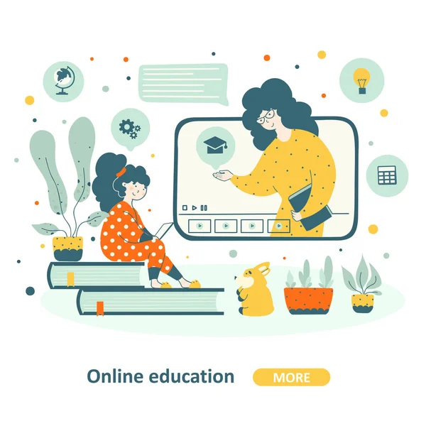 Educación escolar en línea niños plana vector ilustración . — Vector de stock