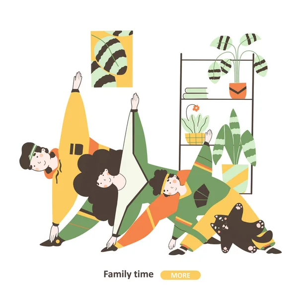 Familienzeit-Isolation, flache Vektorillustration. Familiensport zu Hause. — Stockvektor