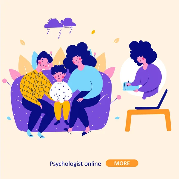 Familie mit Kind Beratung beim Psychologen online, Vektor flache Cartoon-Illustration — Stockvektor