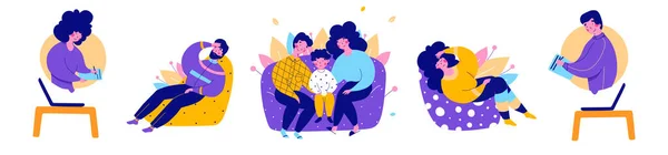 Familia con consulta infantil con psicólogo en línea, ilustración de dibujos animados planos vectoriales — Vector de stock
