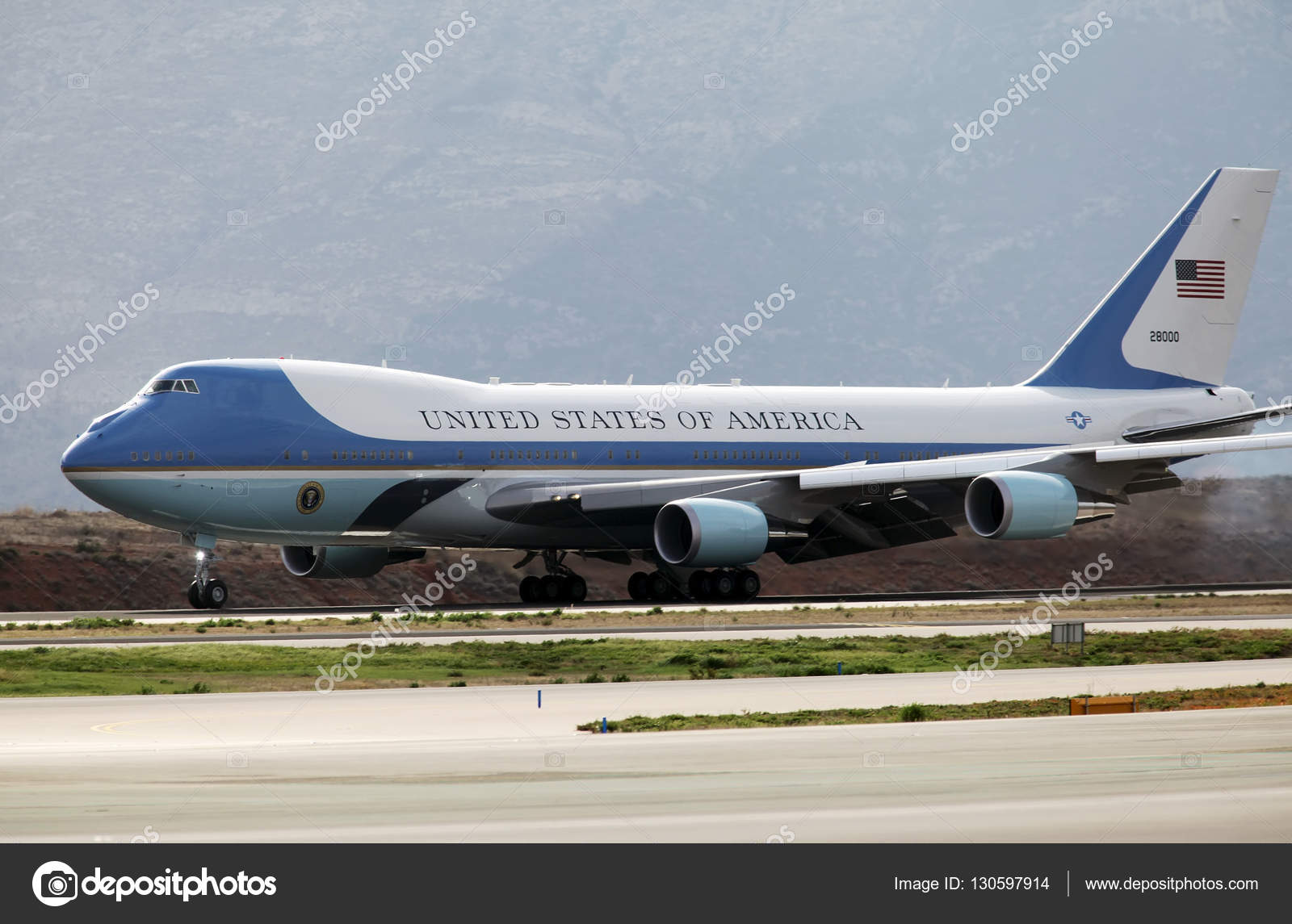 The Air Force One lands at the Athens International Airport Stock
