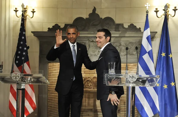 Президент США Барак Обама, праворуч та прем'єр-міністром Аль Грецька — стокове фото