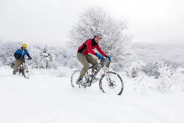 Unknown biker in winter in a snowy landscape — Stock Photo, Image