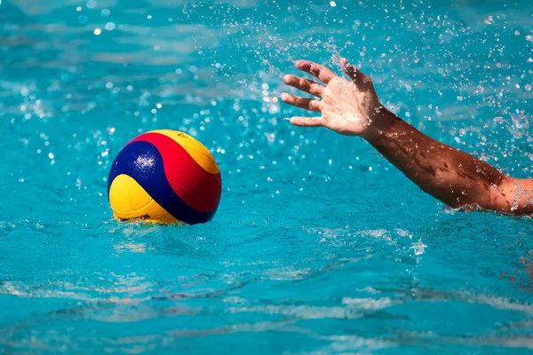 Primer plano en una mano sosteniendo la pelota de waterpolo durante el griego —  Fotos de Stock