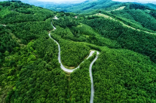 Veduta aerea della strada provinciale che attraversa un bosco — Foto Stock