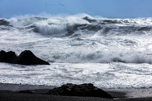 Хвилі на чорний пляжу Reynisfjara в Ісландії — стокове фото