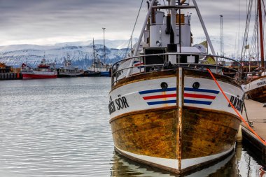 Geleneksel balina Husavik liman yalan tekneler 
